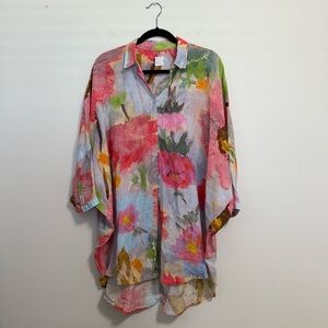 120% Lino Floral Linen Blouse Top Small